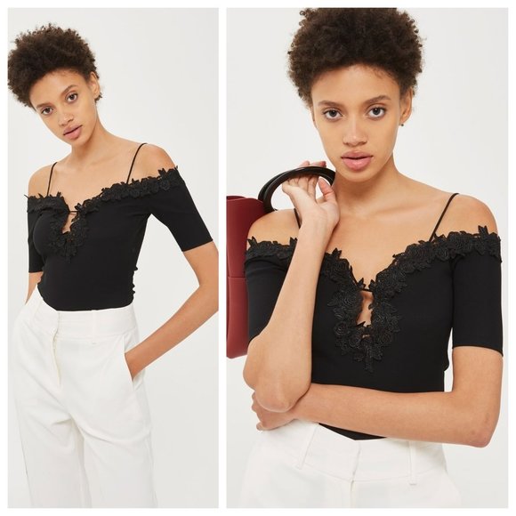 Topshop Tops - Topshop Black Floral Bardot Off Shoulder Bodysuit